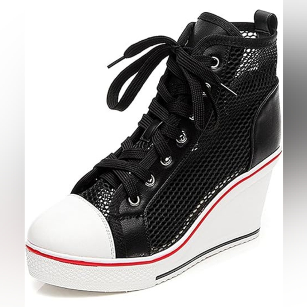 Women's Black and White Mesh Wedge Sneakers
